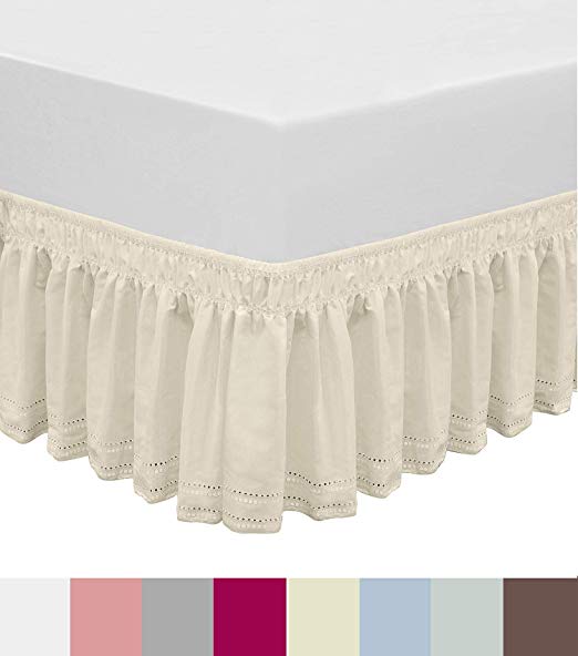QSY Home Wrap Around Elastic Eyelet Bed Skirts Dust Ruffle Three Fabric Sides Easy On/Easy Off Adjustable Polyester Cotton 14 1/2 Inches Drop(Ivory Twin/Full)
