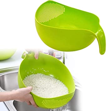 Khandekar Plastic Rice Strainer Bowl with Handle, Kitchen Draining Colanders for Cleaning Vegetables, Fruits, Pasta - Green, 2.1 Quart (2L)