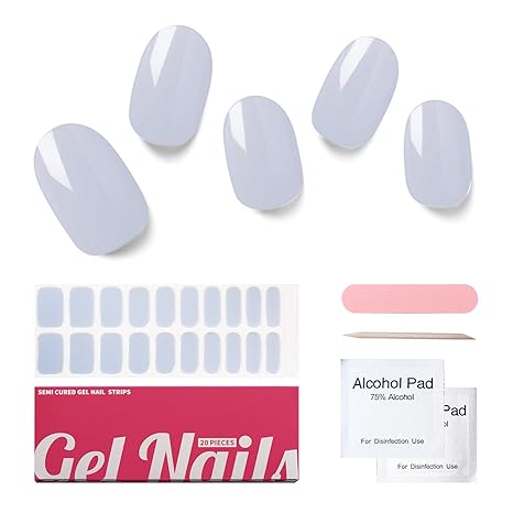 Semi Cured Gel Nail Strips, 20 PCS Gel Nail Stickers Work with UV Light, Gel Nail Wraps, Salon Quality & Easy to Use - Morandi Blue