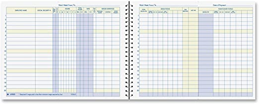 Adams Weekly Payroll Record, 20 Employee Capacity, Spiral Binding, 11 x 8.5 Inches, White, (AFR50)