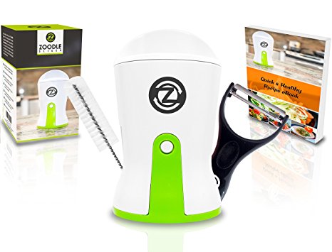 THE ORIGINAL ZOODLE SLICER - Premium Vegetable Spiralizer, Spiral Slicer, Zucchini Noodle Pasta Spaghetti Maker (Recipe eBook and Cleaning Brush Included, Thick & Thin Spaghetti Cuts)