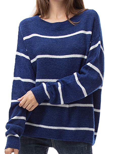 Woolen Bloom Women's Loose Knit Pullover Sweaters Oversized Striped Sweaters Light Casual Slouchy Sweaters for Women