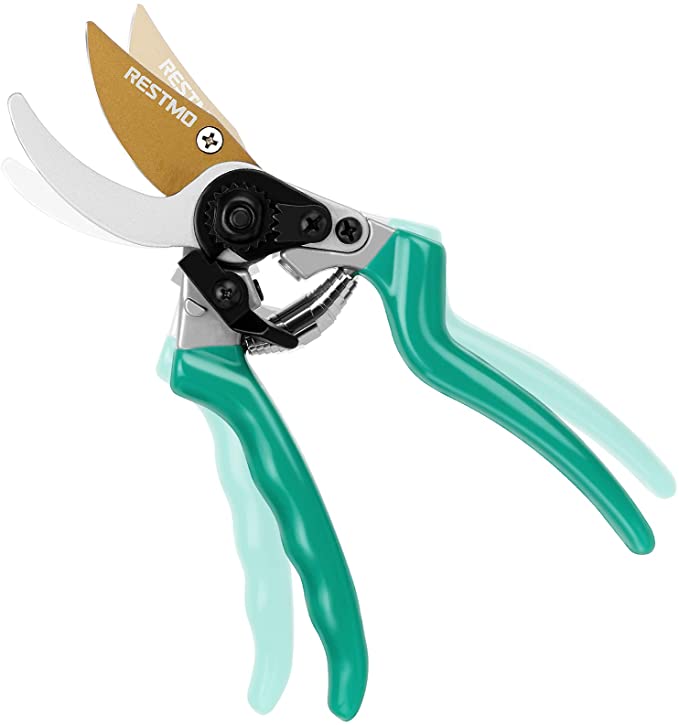 Restmo Pruning Shears for Small Hands, Adjustable Bypass Gardening Pruners, Heavy Duty Garden Scissors, Sharp SK5 Blades | Durable Teflon Coating | Spring Loaded | Soft Grip Handles | Light Weight