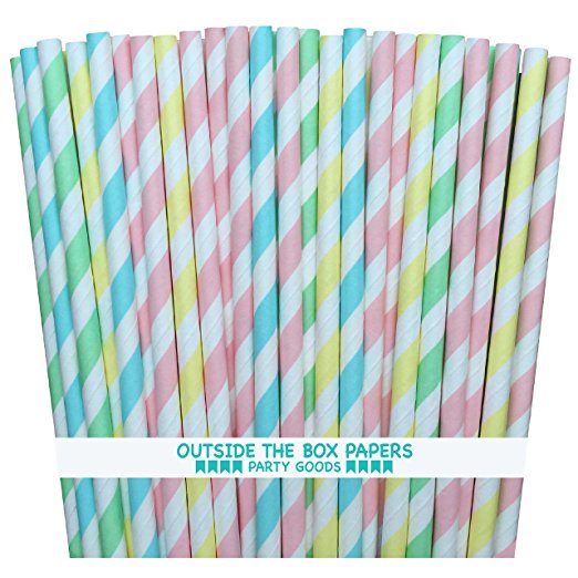 Outside the Box Papers Pastel Stripe Paper Straws 7.75 Inches 100 Pack Light Blue, Pink, Yellow, Mint Green, White