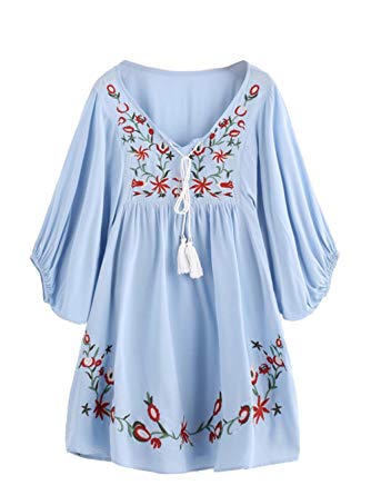 Milumia Women's Tasseled Tie Neck Lantern Sleeve Embroidered Smock Cute Mini Dress