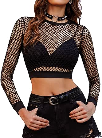 Avidlove Fishnet Crop Top for Women Short Sleeve See Through Shirt O Neck Pullover Blouse