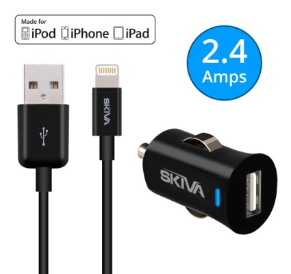 Apple MFi Certified iPhone Car Charger - Skiva 12W 24Amp PowerFlow Rapid Car Charger with separate 32ft 8-pin Sync and Charge Lightning Cable for iPhone 6s 6 plus 5se iPad Air mini Pro and more Black