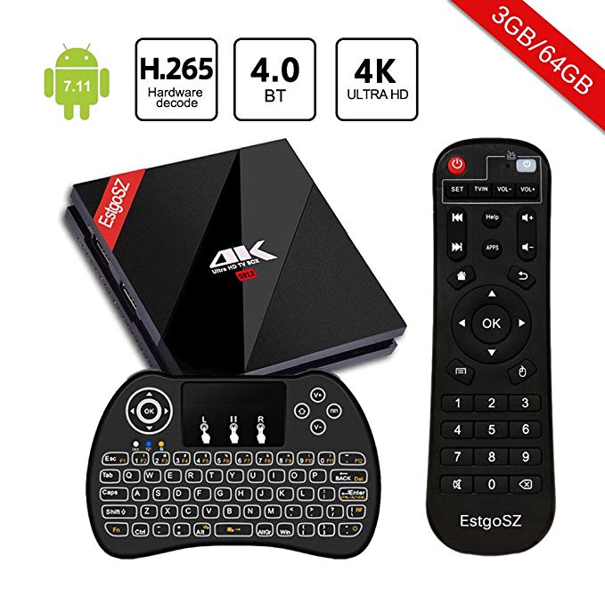 EstgoSZ TV Box Android 7.1 Amlogic S912 Octa-core 64 Bits 3GB DDR3 64GB EMMC 3D 4K Ultra HD Smart Set Top Box Support 2.4G/5G Dual WIFI 1000M LAN H.265 BT 4.1 With Wireless Mini Backlit Keyboard