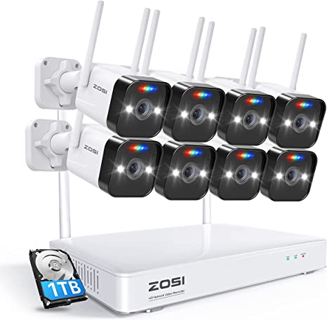 ZOSI 2K Wireless Security Camera System with 1TB Hard Drive,8pcs 3MP Outdoor WiFi Surveillance IP Cameras,3MP 8CH NVR Recorder,Two-Way Audio,Night Vision,Motion Alert,Remote Access,for 24-7 Recording