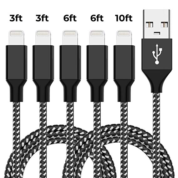 Vidgoo 5 Pack Lightning Cable iPhone Charger Charging Cord Data Transmission Fast Charging Cable Sturdy Compatible with iPhone Xs/XS Max/XR/X/8/7/6/5 iPad - Black 10ft 6ft 3ft