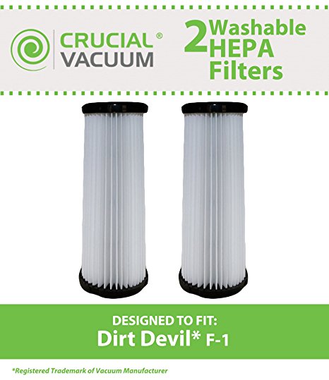 2 Dirt Devil F1 HEPA Filters; Long-Life WASHABLE, REUSABLE and HEPA Filtration, Compare With Dirt Devil Part # 3-JC0280-000, 2-JC0280-000 (3JC0280000, 2JC0280000). 2881210000, 2JC0360000 – Fits Breeze, Featherlite, Jaguar, Kinetix self Propelled, Scorpion, Ultra Swivel, Power Streak, P.F. Self Propelled / Commercial Plastic Upright Vacuum cleaners