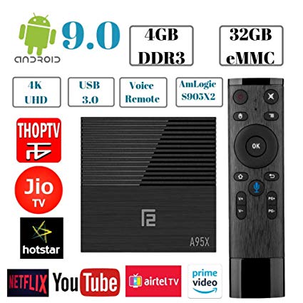 PHANTIO A95X F2 Android 9.0 4K Smart TV Box : 4GB DDR3 32GB ROM 2.4GWiFi USB 3.0 HDMI 2.1 BT 4.2 G31 GPU Voice Remote - Plays Jio TV, Airtel TV, Netflix, Hotstar and More
