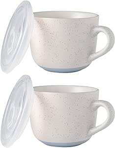 AmorArc Ceramic Soup Mugs with Lid, 24 oz Soup Cups with Handle for Coffee, Cereal, Salad, Noodles,Tea, Soup Bowls Cups, Microwave &Dishwasher Safe, Set of 2, Speckled Outside with Vented Lids