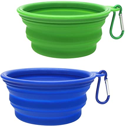 SLSON Collapsible Dog Bowl, 2 Pack Collapsible Dog Food and Water Bowls Foldable Portable Pet Feeding Bowls Travel Bowl for Cats Dogs Walking Camping Outdoors (Blue Green)