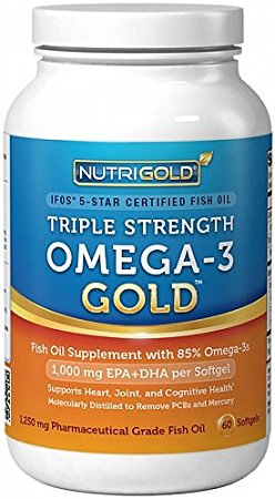 Nutrigold Omega-3 GOLD - Triple Strength - 60 Softgels - (1060 mg Omega-3s per Softgel) (Pharmaceutical Grade 85% Omega-3 Fish Oil) - 1,250 mg