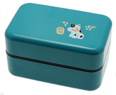 Kotobuki 2-Tiered Bento Box, Maneki Neko Lucky Cat, Teal