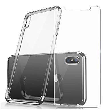 Crystal Clear TPU Cover iPhone Case (Supports Wireless Charging), Protective Back Case with Soft Shock Absorption Bumper and Tempered Glass Screen Protector Set iPhone Xs Max (Silver)