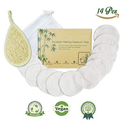 Reusable Cotton Pads Face | Pack 14 include Natural Loofah Face Scrubber Exfoliator Sponge & 12 pcs Washable Makeup Remover & Laundry Bag | Skincare Cleaning Bamboo Cloth Rounds Facial Wipes Eye