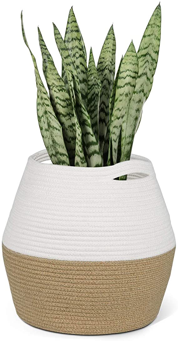 Goodpick Jute Rope Plant Basket - Woven Storage Basket for 9in to 11in Plant Pot Floor Indoor Planters, 12” x 12” Rope Basket Woven Planter Basket Laundry Basket with Handles for Toy