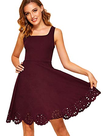 Romwe Women's A Line Swing Sleeveless Scalloped Flare Cocktail Party Dress