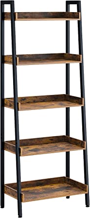 Rolanstar Ladder Shelf, Rustic Ladder Bookshelf, 5-Tier Utility Organizer Shelves, Stable Metal Frame, for Living Room, Office Room, Rustic Brown