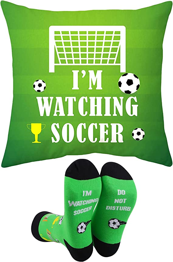 Soccer Gifts Pillow Cover Case 18x18 inch and Funny Soccer Socks Combo, Sports Room Decor Party Decorations Supplies, Soccer Lover Gift Idea Christmas Stocking Stuffers for Teen Boys Men Him