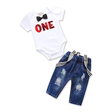 Toddler Baby Boy Clothes Set Bowtie Romper Suspenders Ripped Denim Pants Outfits