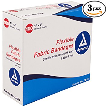 Dynarex Adhesive Fabric Bandage, 1 Inches X 3 Inches Sterile, 100 Count (Pack of 3)