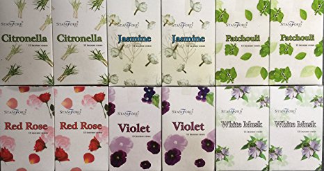 180 mixed Stamford incense cones 6 varieties. 2 X Citronella 2 x Jasmine 2 x Patchouli 2 x Red Rose 2 x Violet & 2 x White Musk