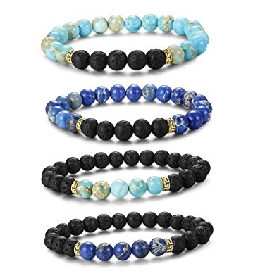 LOYALLOOK 2-4pcs Unisex Lava Stone Elastic Beaded Bracelet Healing Energy Stretch Eessential Oil Diffuser Bracelets 6-8MM