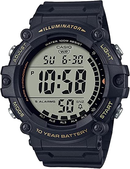 Casio Illuminator Extra Long Strap 10-Year Battery 100 M Water Resistant 5-Alarm w/Countdown Timer Men's Digital Watch, Black, AE-1500WHX-1AVCF