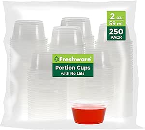 Freshware Plastic Portion Cups (No Lids) [2 Ounce, 250 Count] Disposable Plastic Cups for Meal Prep, Salad Dressing, Jellos Shot Cups, Souffle Cups, Condiment and Dipping Sauce Cups