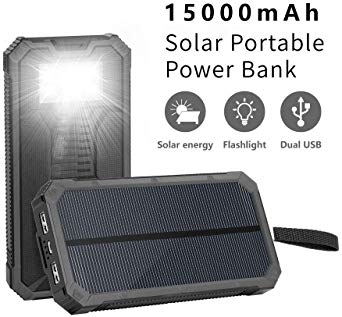 Solar Charger 15000mAh, Elzle Portable Solar Power Bank Dual USB Backup Battery Pack Charger, Outdoor Solar Phone External Battery with 6 Led Flashlight for iPhone Series, Smartphone, More (Black)