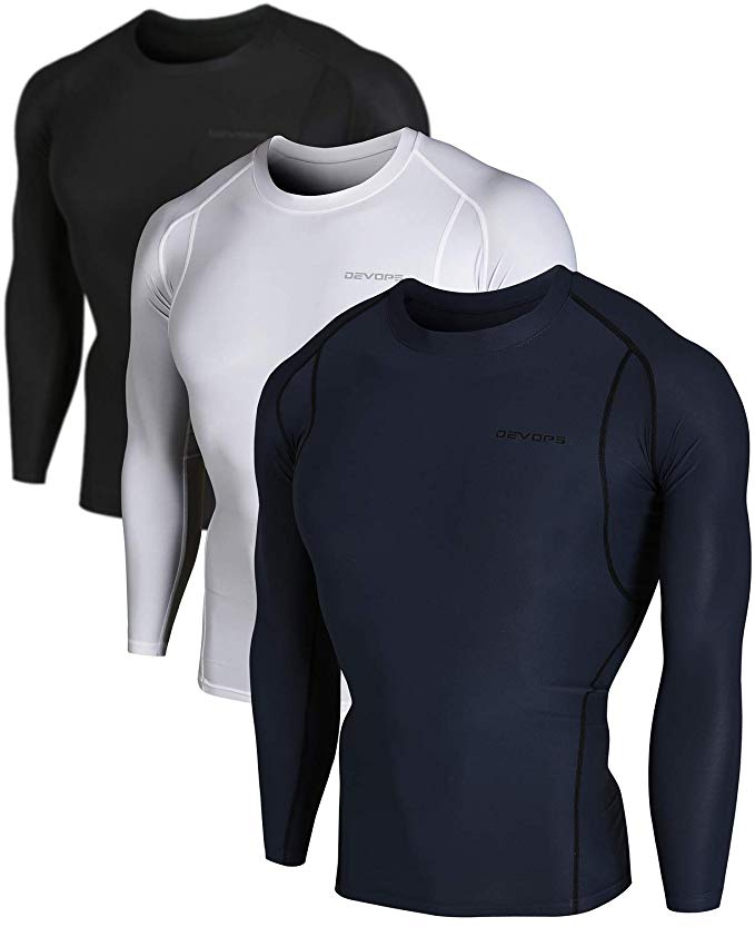 DEVOPS Men's 3 Pack Cool Dry Athletic Compression Long Sleeve Baselayer Workout T-Shirts