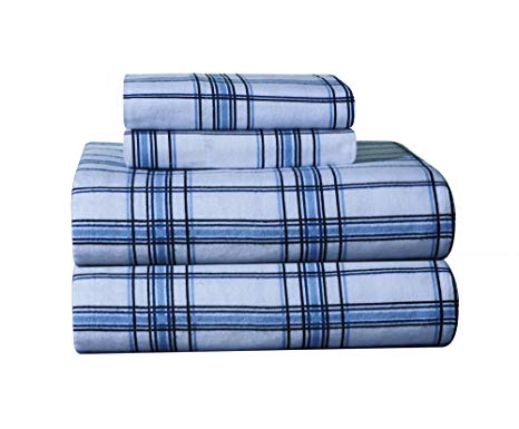 Pointehaven Heavy Weight Printed Flannel King Sheet Set, Plaid Blue