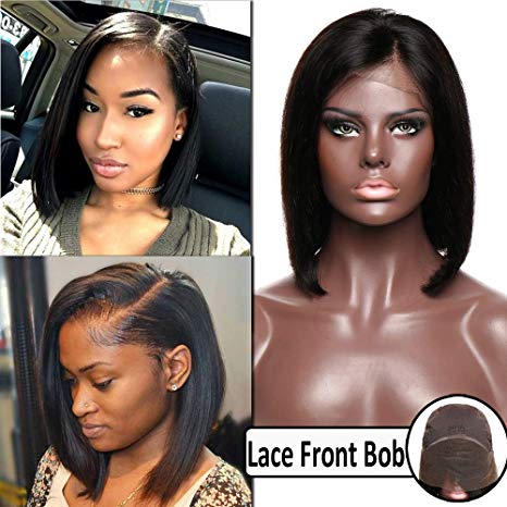 8 Inch Bob Human Hair Lace Front Wigs Brazilian Straight Short Hair with Baby Hair Side Part Lace Front Wigs for Black Women 130% Density #1B Natural Color