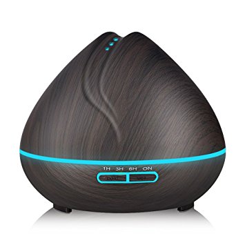 KBAYBO 400ml Humidifier Aroma Essential Oil Diffuser Ultrasonic Air with Wood Grain 7 Color Changing LED Lights for Office Home Bedroom (Dark Wood) (Dark Wood)