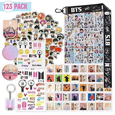 BTS Gifts Set for ARMY - 63 Pack Cartoon Stickers, 40 Pack BTS Postcards, 12 Sheet BTS Stickers, 2 BTS Tatoo Stickers/Button Pins, 1 BTS Lanyard Keychain/Phone Ring/ARMY Keychain/BTS 3D Stickers