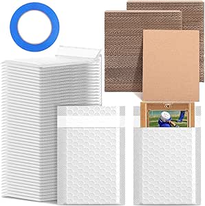 Tatuo 301 Pcs Trading Card Shipping Protector Set Include 200 Corrugated Cardboard Sheets Cardboard Inserts 100 Poly Bubble Mailers Padded Envelopes and Masking Tape for Trading Card Packaging (White)