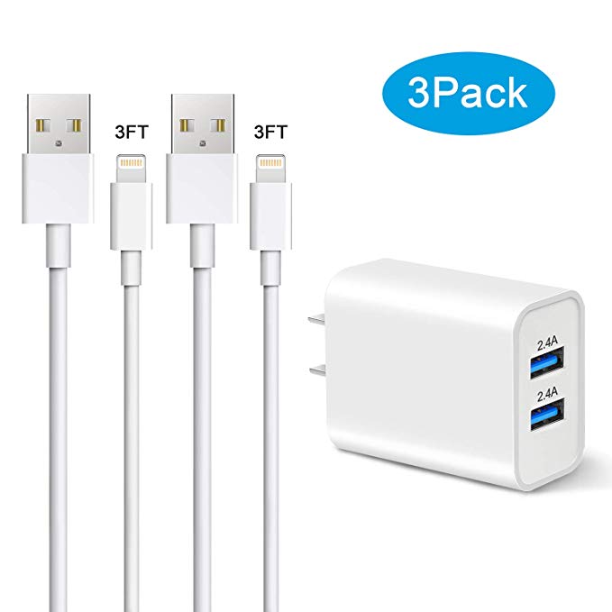 iPhone Charger (3-in-1), Sundix 24W 2-Port USB Wall Charger with 2Pack 3Ft Lightning Cable Charge Sync Fast Charger Compatible with iPhone 11/11 Pro/XS MAX/XR/X/8/7/6S/6/Plus/5/iPad/iPod