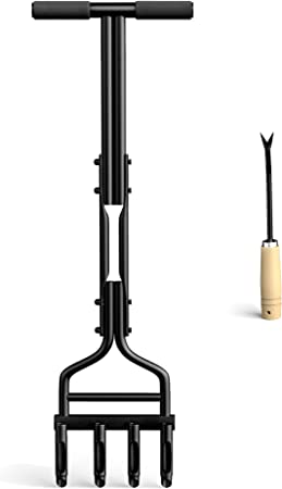 EEIEER Lawn Aerator Coring Tool, Manual Plug Core Aerators & Clean Tool, Yard Aeration Tools with 4 Hollow Slots for Lawns Garden & Compacted Soils, 36.2’’ x 11.4’’ -Black