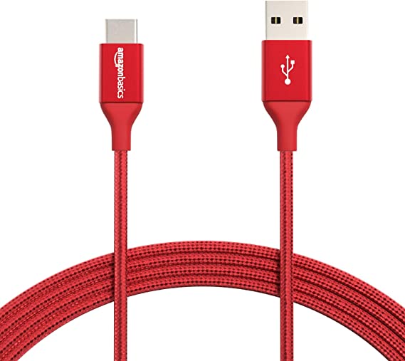 AmazonBasics Double Braided Nylon USB Type-C to Type-A 2.0 Male Charger Cable | 10 feet, Red