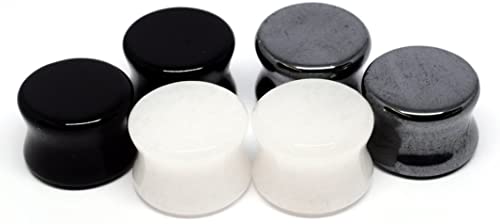 Mystic Metals Body Jewelry Set of 3 Pairs Stone Plugs - 9/16" - 14mm - (Black Agate, White Jade, Hematite) - Sold As a Pair
