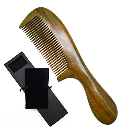 Meta-C Natural Green Sandalwood Wooden Comb - NO SNAGS, NO TANGLE, NO STATIC (Short Handle - Standard Tooth)