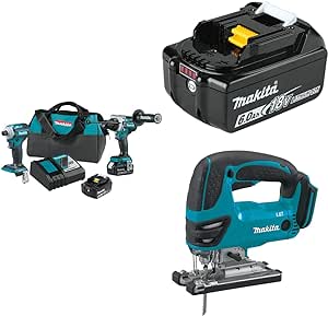 Makita XT288T 18V LXT Lithium-Ion Brushless Cordless 2-Pc. Combo Kit (5.0Ah), BL1860B 18V LXT Lithium-Ion 6.0Ah Battery, and XVJ03Z 18V LXT Lithium-Ion Cordless Jig Saw