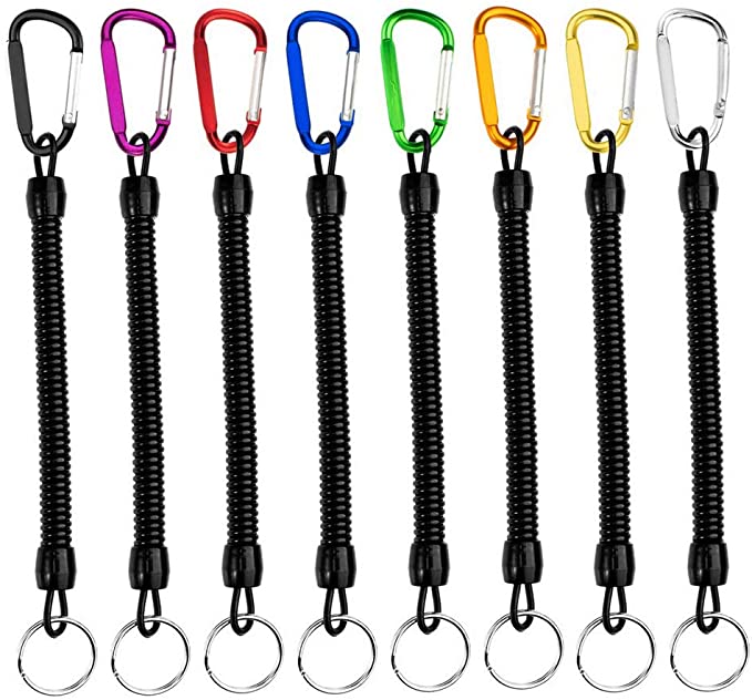 kuou 8 PCS Stretchy Spiral Keyring with Color D Metal Carabiner Clip,Retractable Keychain Spring Safety Spring Key Holder for Keys, Wallet, Phone, Backpack