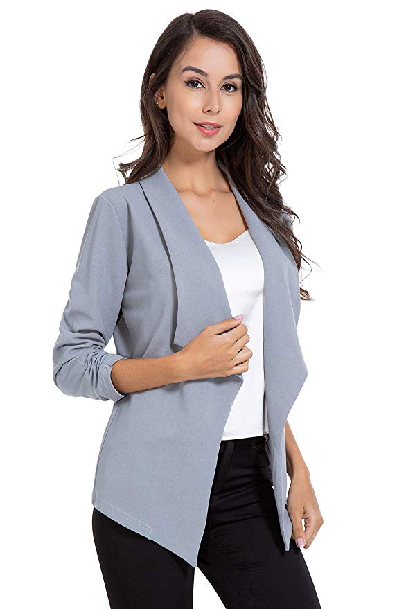 AUQCO Women Casual Blazer Work Office Business Jacket Open Front Draped Cardigan 3/4 Ruched Sleeve