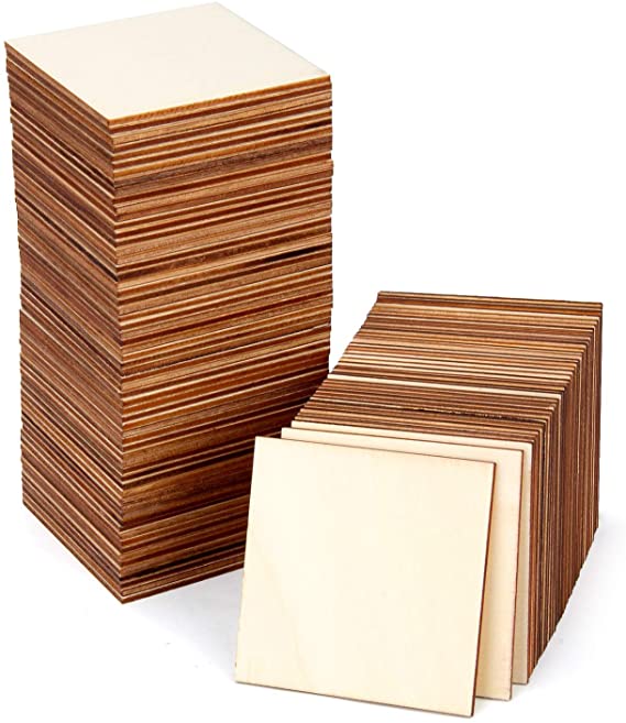 Blisstime 100 PCS 3 Inches Unfinished Wood Squares Pieces Natural Wood Coasters Wooden Square Cutouts for Painting, Writing, diy Supplies, Engraving and Carving, Home Decorations