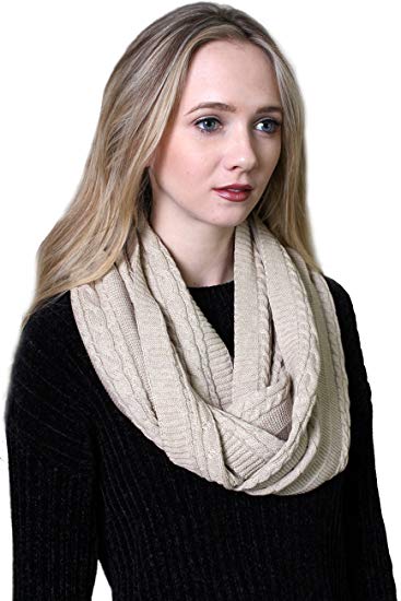 Women's Cable Knit Infinity Loop Scarf, 100% Organic Cotton, Super Soft Stretch Warm All-Season Breathable (10 COLORS)