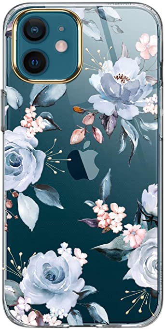 LUOLNH iPhone 12 Case,iPhone 12 Pro Case with Flowers,for Girly Women,Shockproof Floral Pattern Hard Back Cover for Phone Case 6.1 inch 2020-Blue